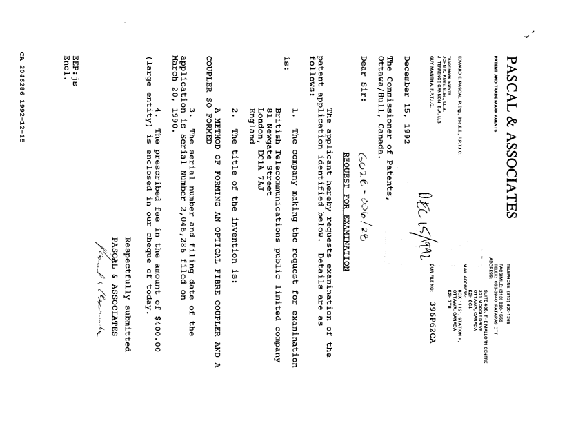Canadian Patent Document 2046286. Prosecution Correspondence 19921215. Image 1 of 1