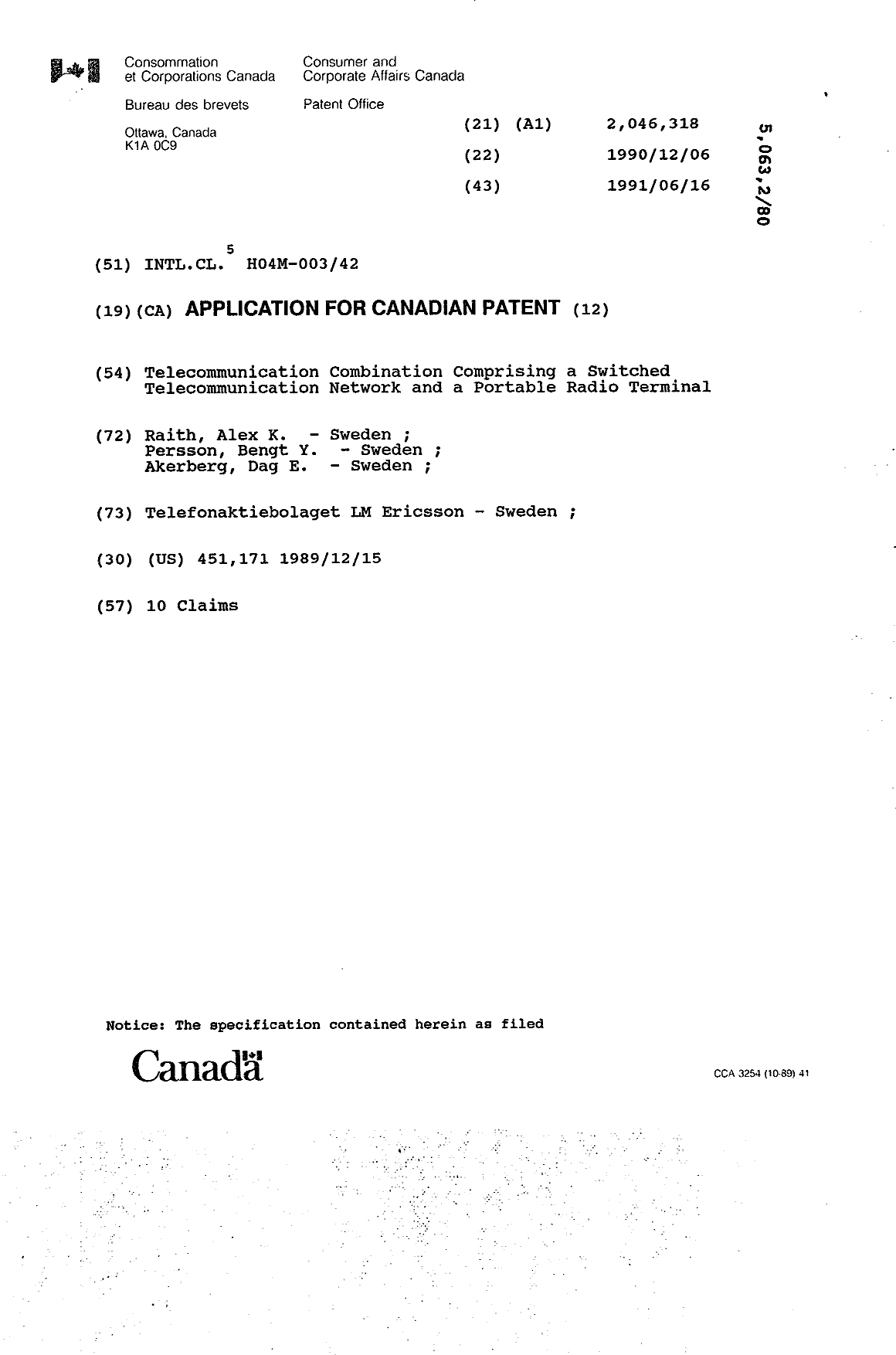 Canadian Patent Document 2046318. Cover Page 19940327. Image 1 of 1