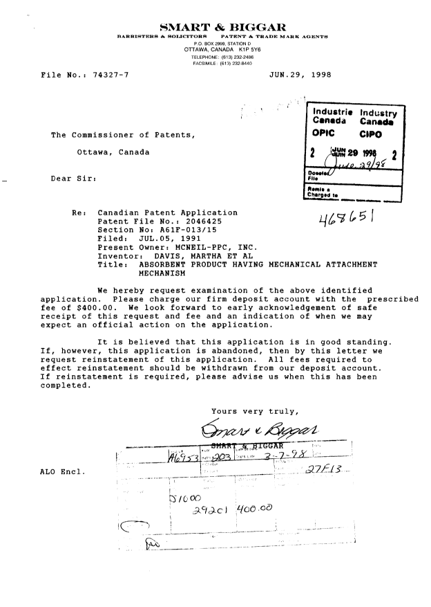 Canadian Patent Document 2046425. Prosecution-Amendment 19980629. Image 1 of 1