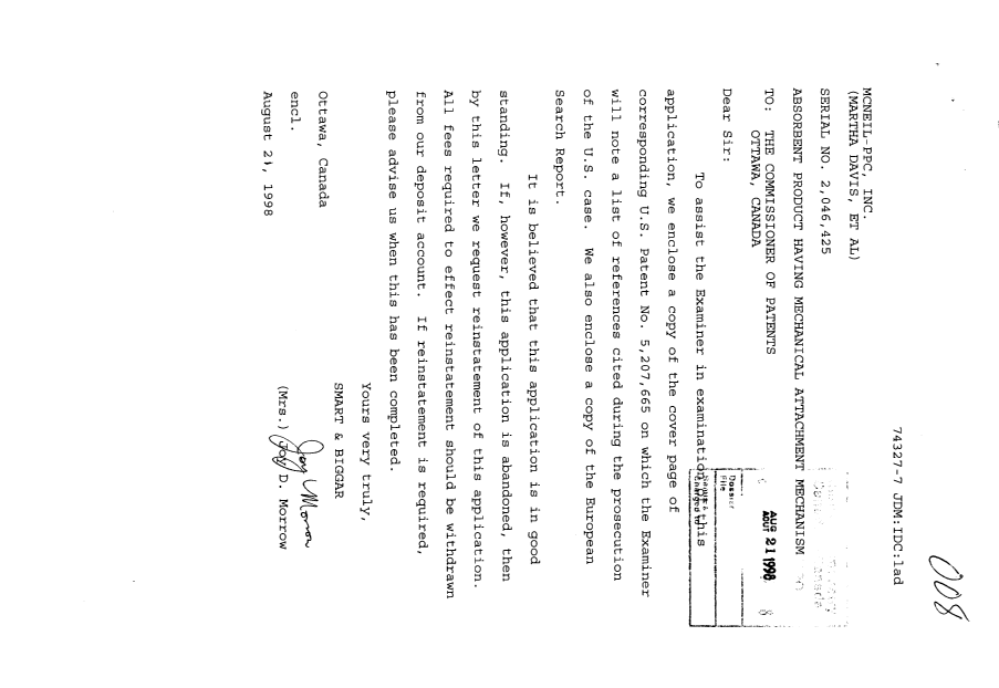 Canadian Patent Document 2046425. Prosecution-Amendment 19980821. Image 1 of 4
