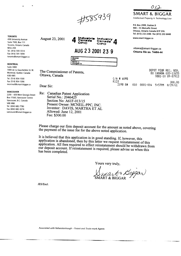 Document de brevet canadien 2046425. Correspondance 20010823. Image 1 de 1