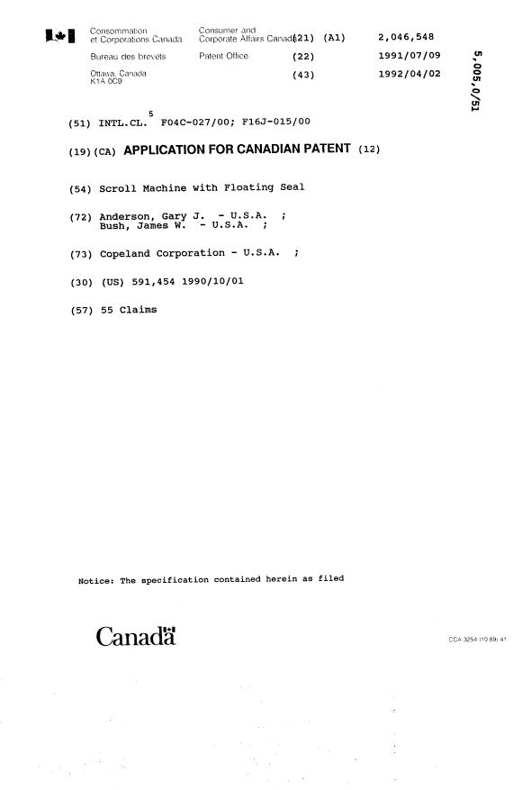 Document de brevet canadien 2046548. Page couverture 19931106. Image 1 de 1