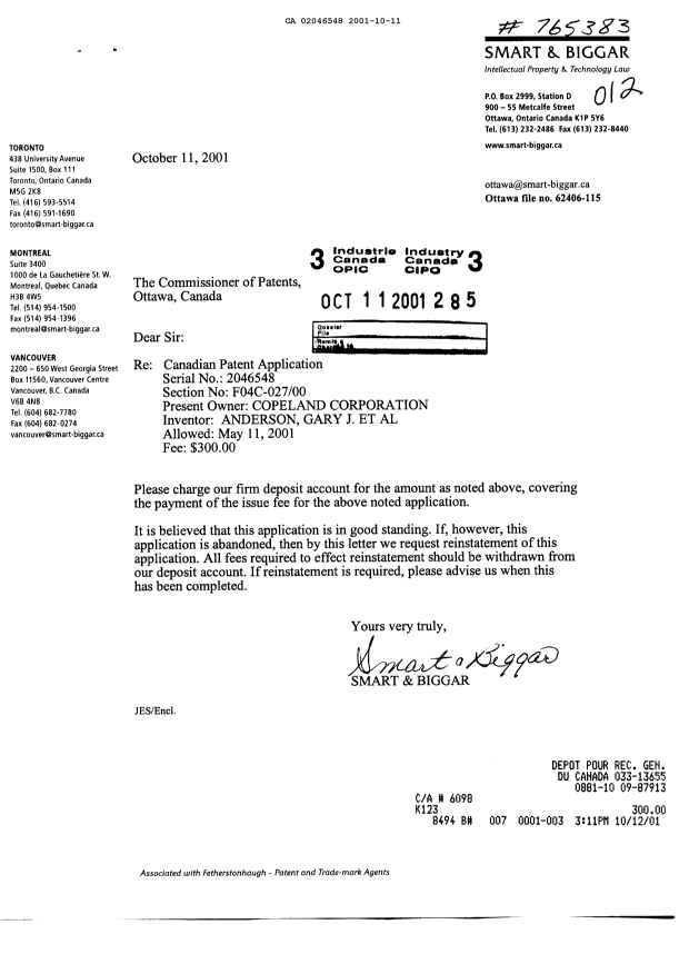 Document de brevet canadien 2046548. Correspondance 20011011. Image 1 de 1