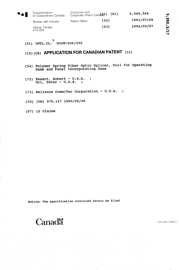 Canadian Patent Document 2046564. Cover Page 19940330. Image 1 of 1