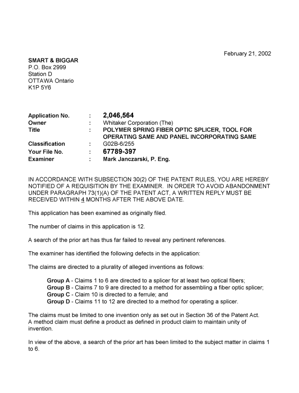Document de brevet canadien 2046564. Poursuite-Amendment 20020221. Image 1 de 2