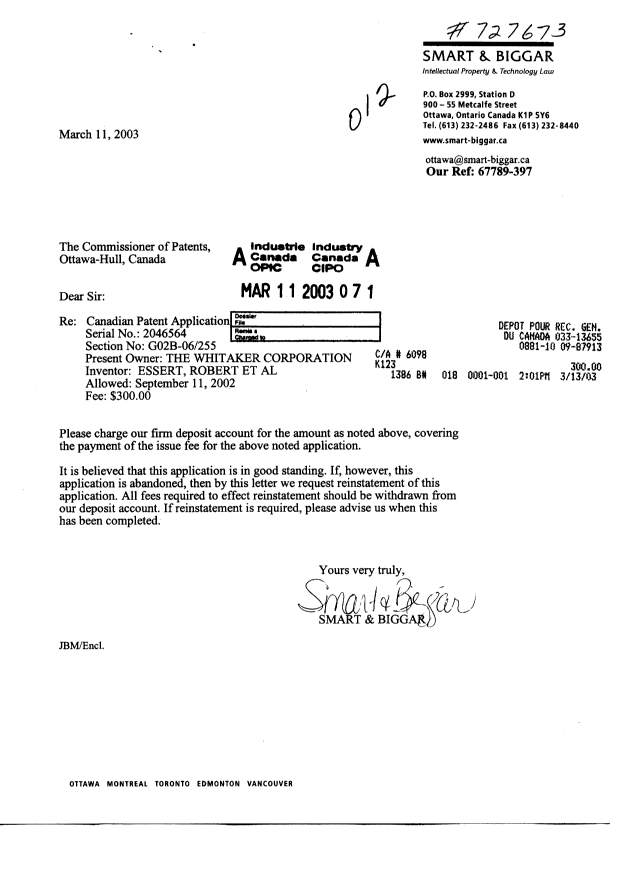 Canadian Patent Document 2046564. Correspondence 20030311. Image 1 of 1