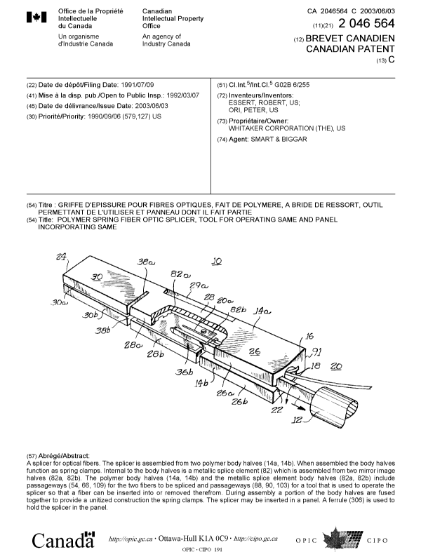 Canadian Patent Document 2046564. Cover Page 20030429. Image 1 of 1