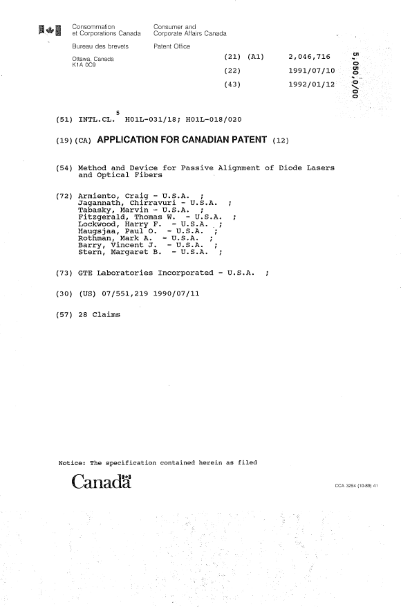 Canadian Patent Document 2046716. Cover Page 19931230. Image 1 of 1