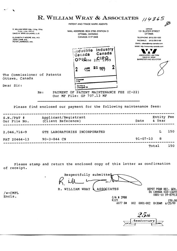 Canadian Patent Document 2046716. Fees 19981221. Image 1 of 1