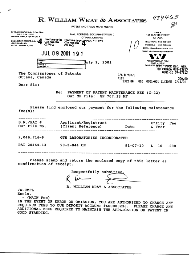 Canadian Patent Document 2046716. Fees 20010709. Image 1 of 1