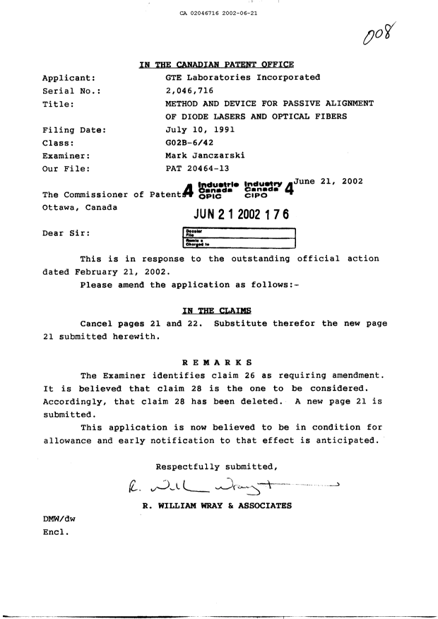 Canadian Patent Document 2046716. Prosecution-Amendment 20020621. Image 1 of 2