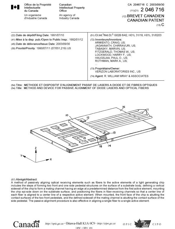 Canadian Patent Document 2046716. Cover Page 20030826. Image 1 of 2