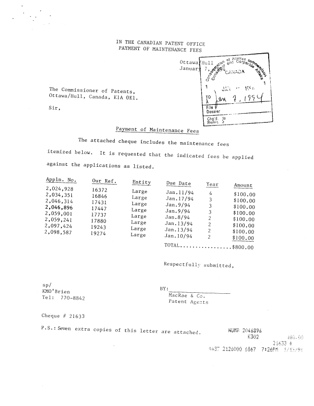 Document de brevet canadien 2046896. Taxes 19940107. Image 1 de 1
