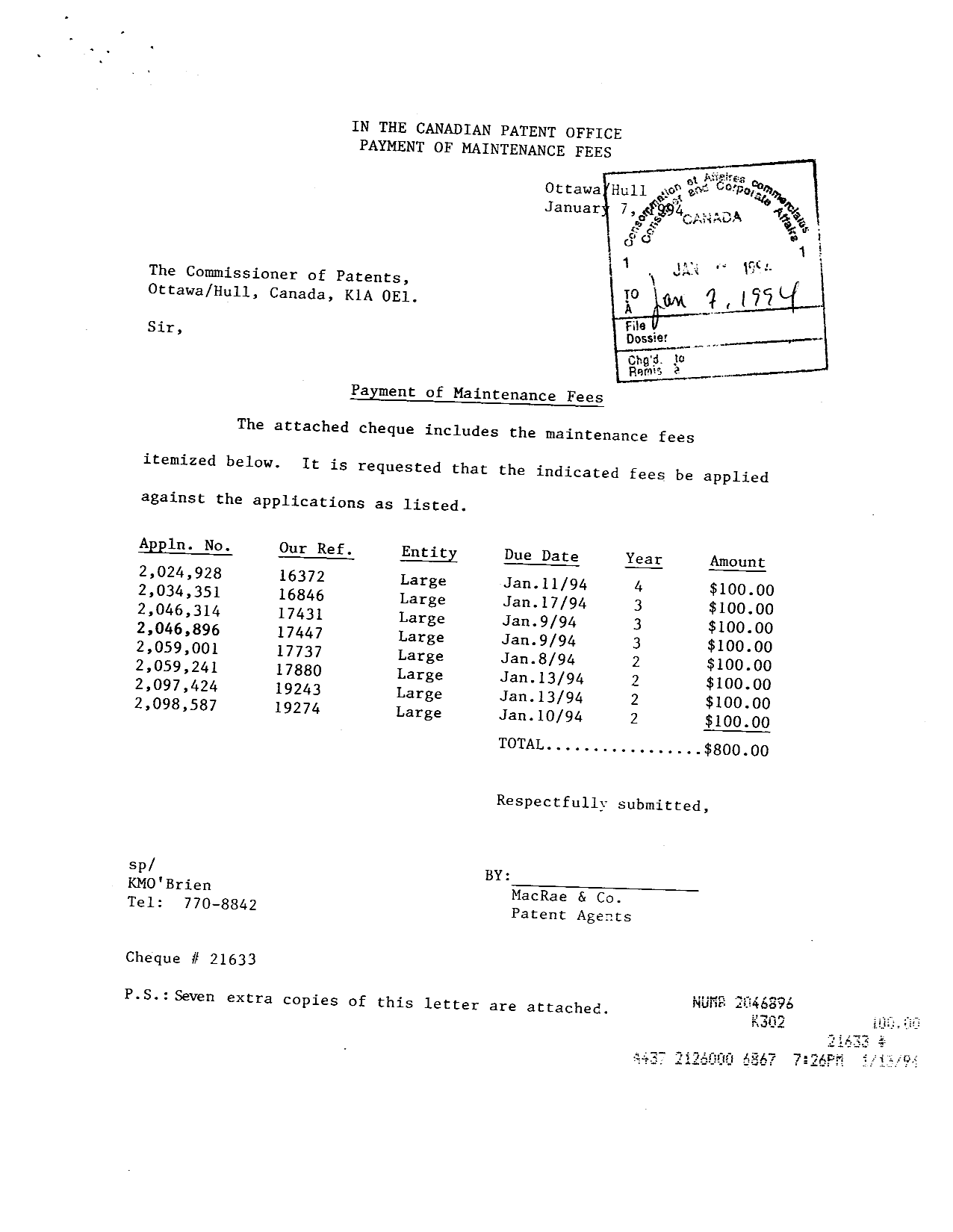 Document de brevet canadien 2046896. Taxes 19940107. Image 1 de 1