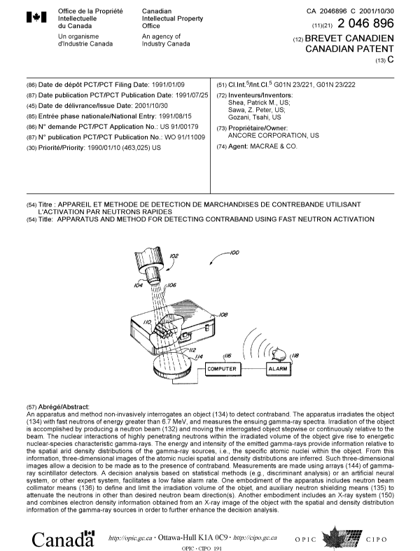 Canadian Patent Document 2046896. Cover Page 20001203. Image 1 of 1