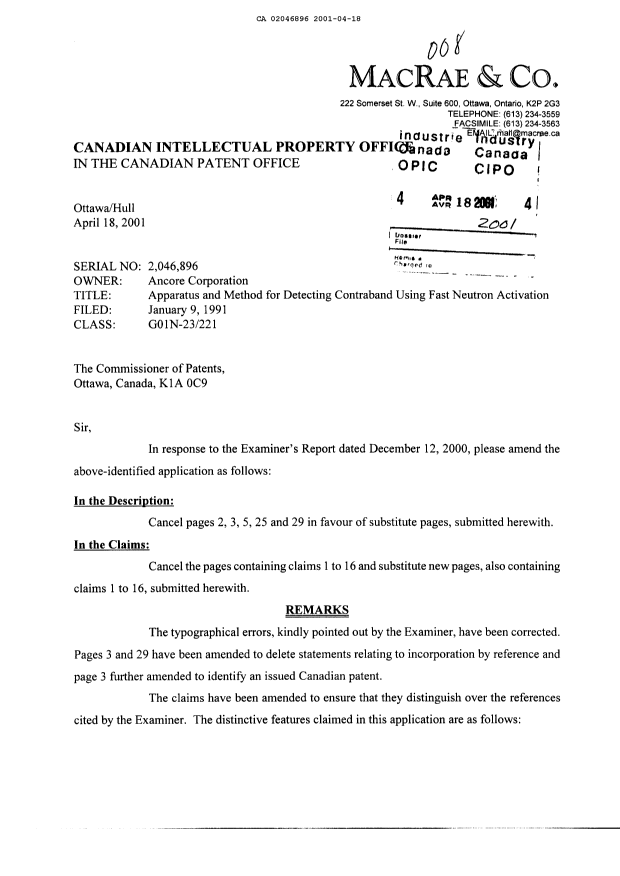 Canadian Patent Document 2046896. Prosecution-Amendment 20010418. Image 1 of 10