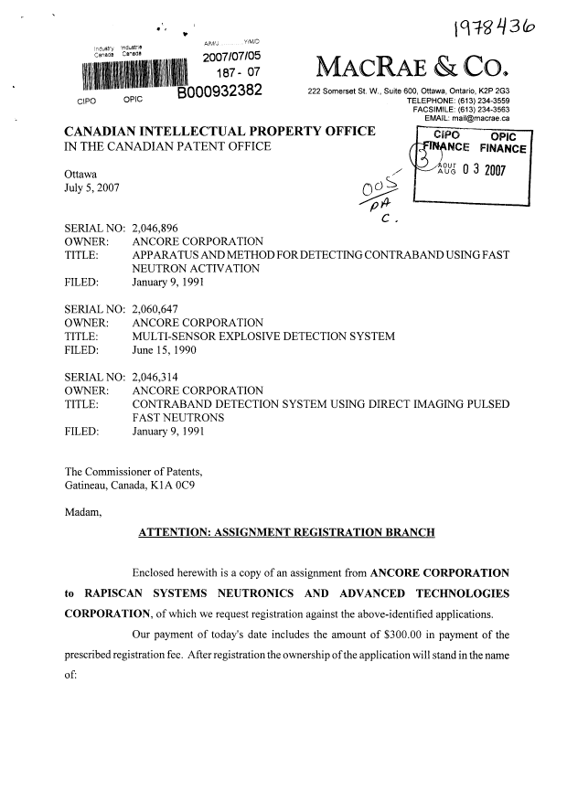 Document de brevet canadien 2046896. Cession 20070705. Image 1 de 5