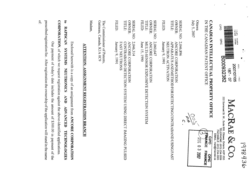 Document de brevet canadien 2046896. Cession 20070705. Image 1 de 5