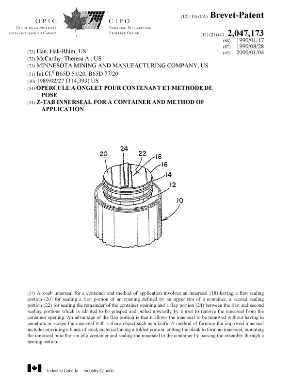Canadian Patent Document 2047173. Cover Page 19991215. Image 1 of 1