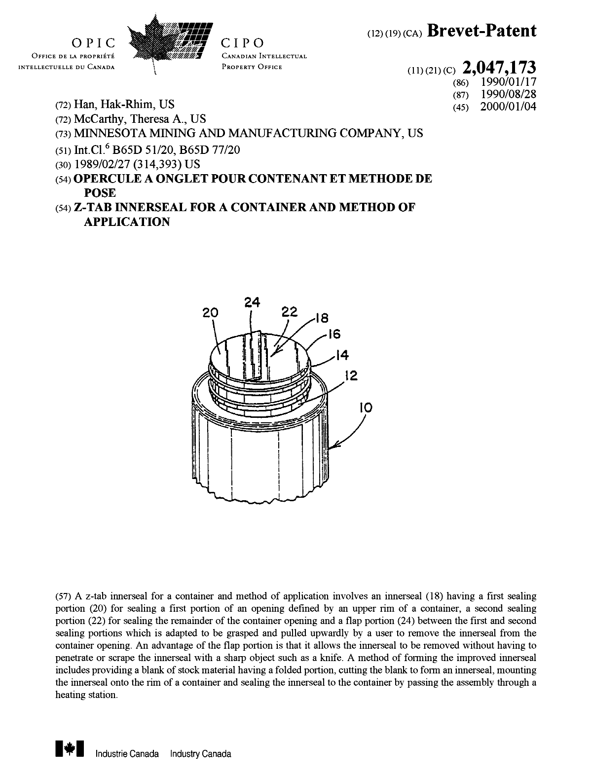 Canadian Patent Document 2047173. Cover Page 19991215. Image 1 of 1