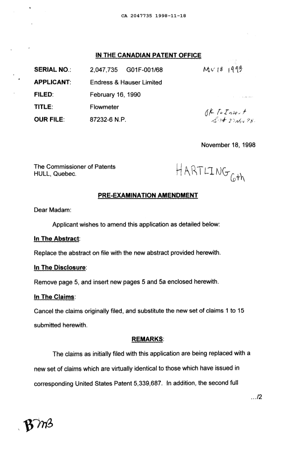Document de brevet canadien 2047735. Correspondance de la poursuite 19981118. Image 1 de 2
