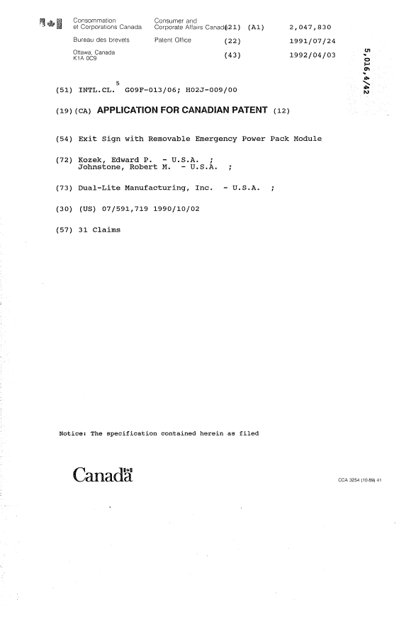 Document de brevet canadien 2047830. Page couverture 19931211. Image 1 de 1