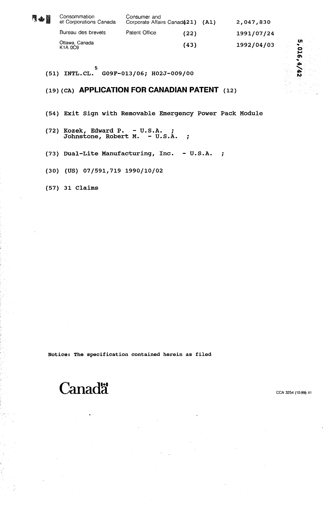 Canadian Patent Document 2047830. Cover Page 19931211. Image 1 of 1