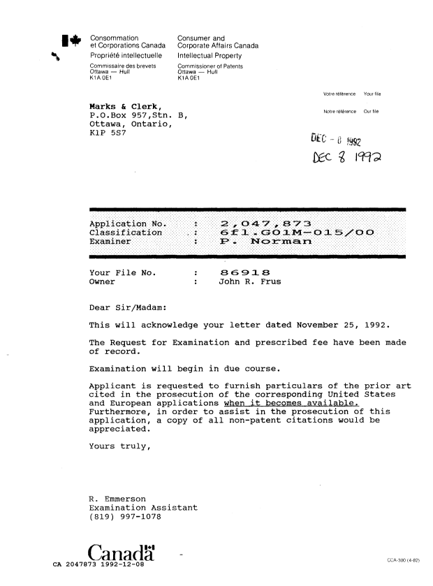 Canadian Patent Document 2047873. Correspondence 19911208. Image 1 of 1