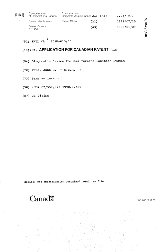 Canadian Patent Document 2047873. Cover Page 19931227. Image 1 of 1