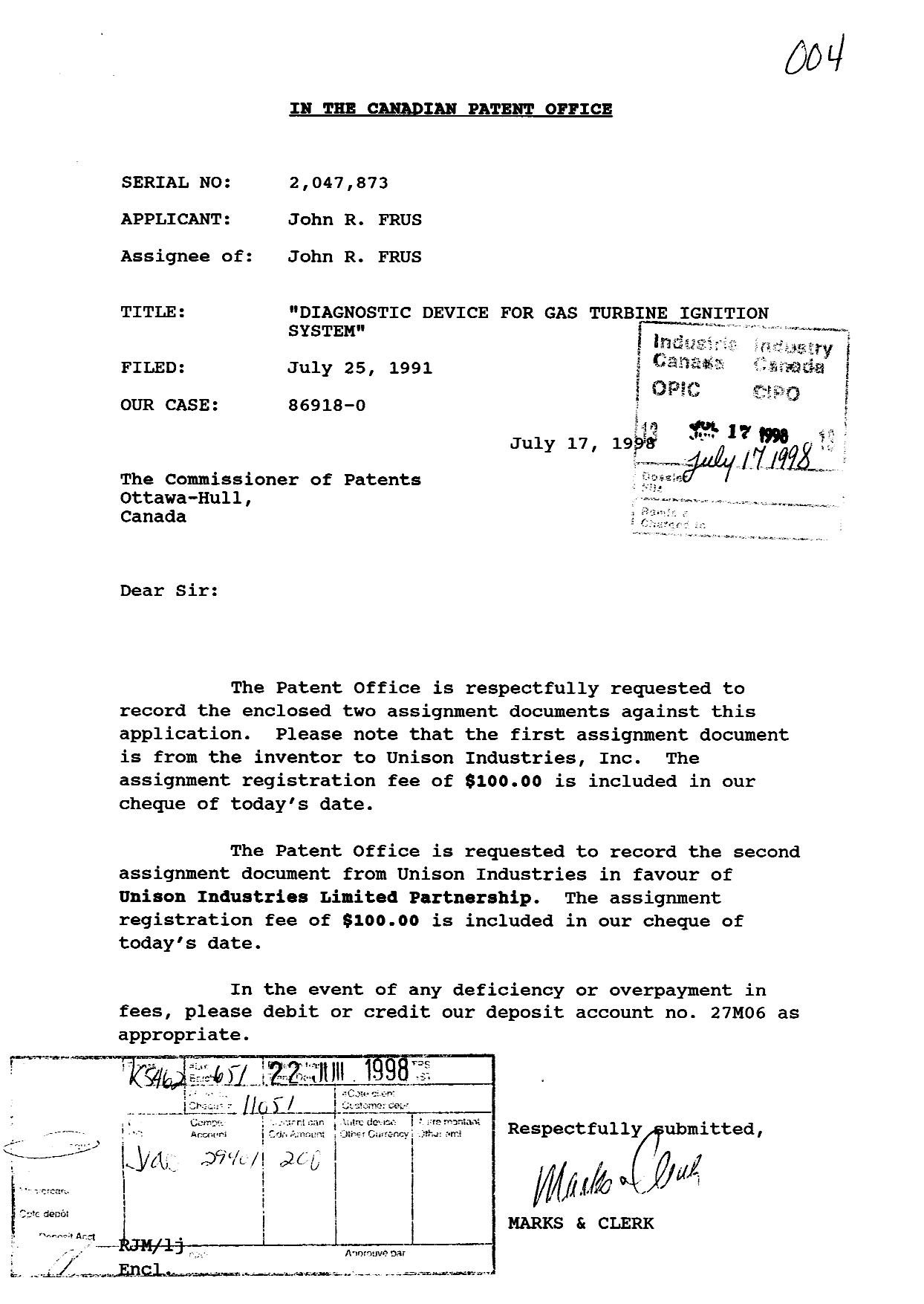Document de brevet canadien 2047873. Cession 19980717. Image 1 de 9