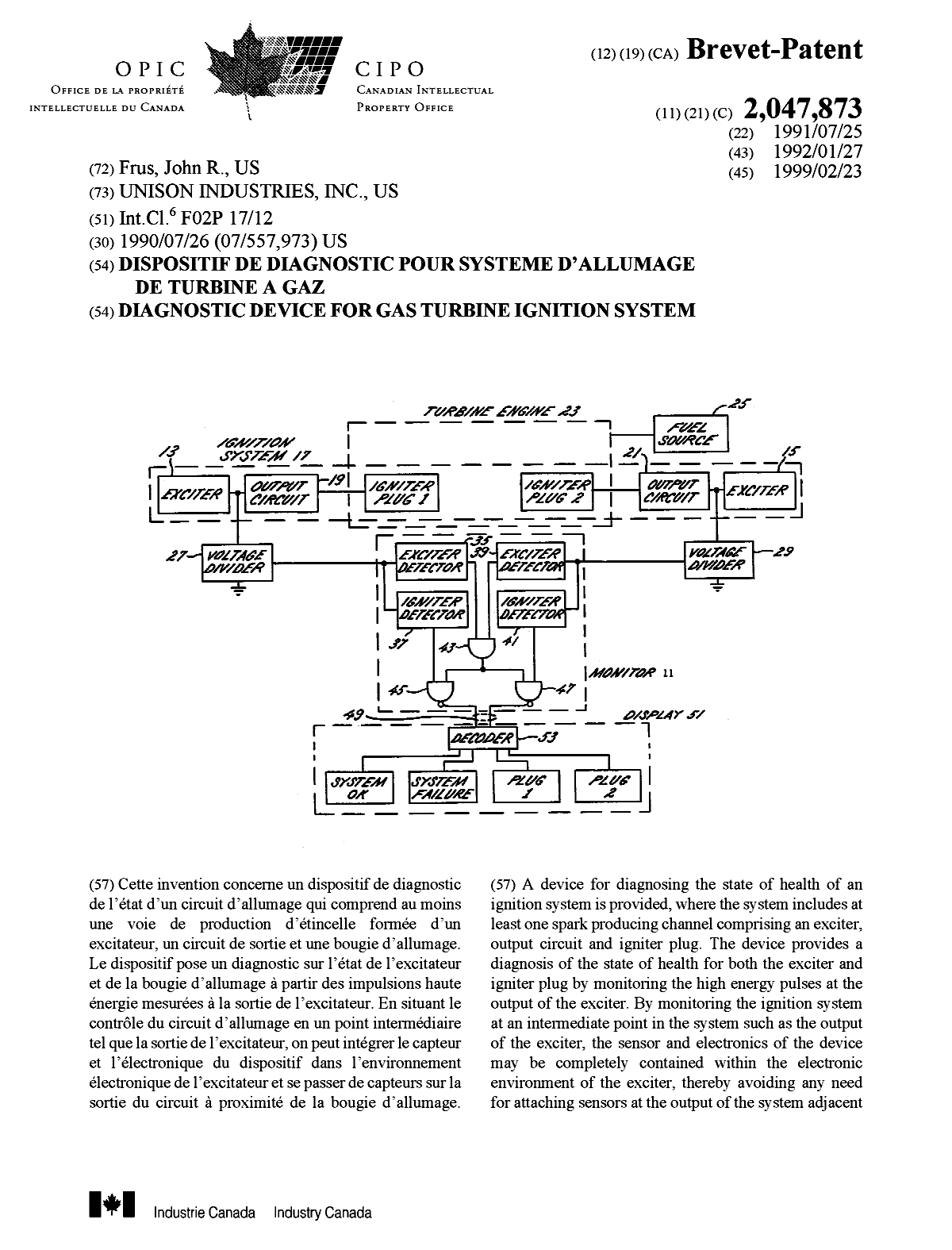 Document de brevet canadien 2047873. Page couverture 19981212. Image 1 de 2