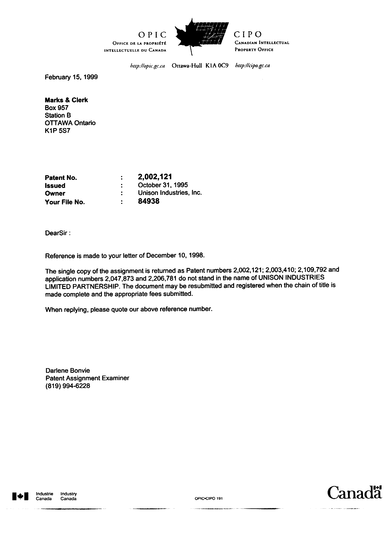 Document de brevet canadien 2047873. Correspondance 19990215. Image 1 de 1