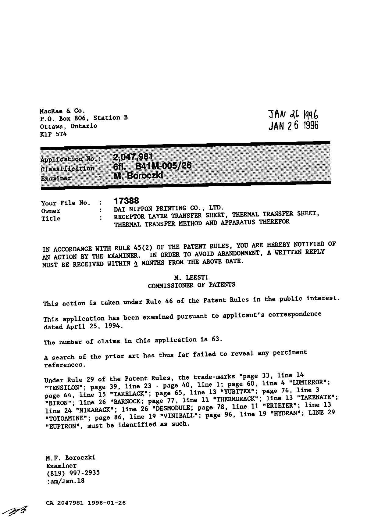 Canadian Patent Document 2047981. Examiner Requisition 19960126. Image 1 of 1
