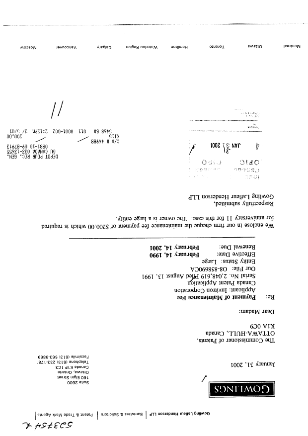 Canadian Patent Document 2048619. Fees 20001231. Image 1 of 1