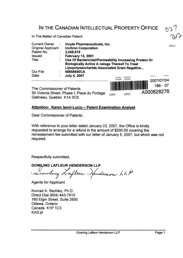Canadian Patent Document 2048619. Prosecution-Amendment 20061204. Image 1 of 1