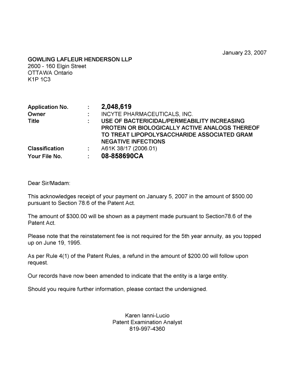 Canadian Patent Document 2048619. Correspondence 20061223. Image 1 of 1