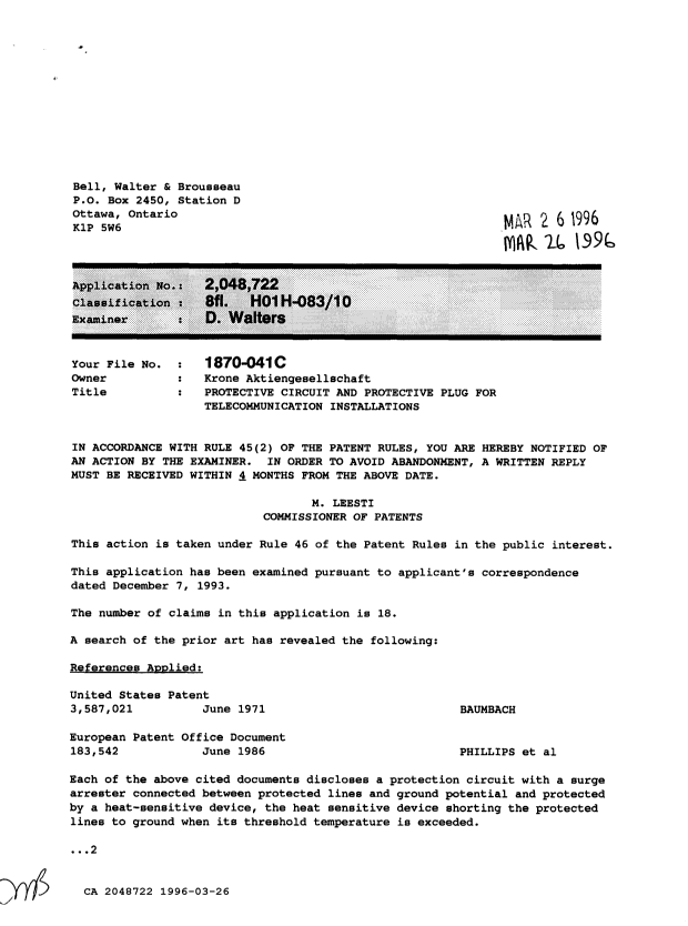Canadian Patent Document 2048722. Examiner Requisition 19960326. Image 1 of 4
