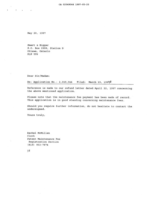 Document de brevet canadien 2049044. Correspondance 19970520. Image 1 de 1