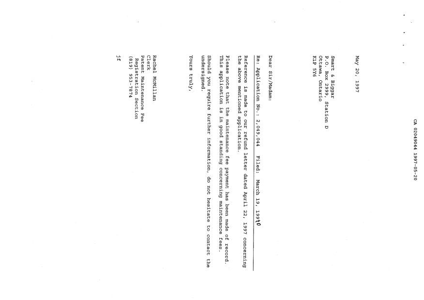 Canadian Patent Document 2049044. Correspondence 19970520. Image 1 of 1