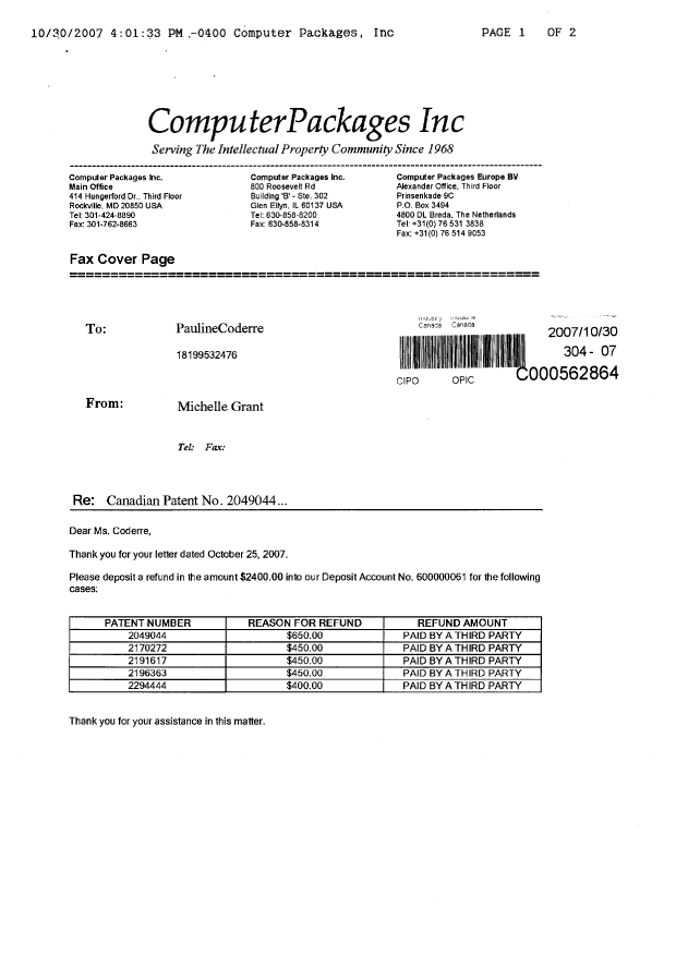 Canadian Patent Document 2049044. Correspondence 20071030. Image 1 of 2