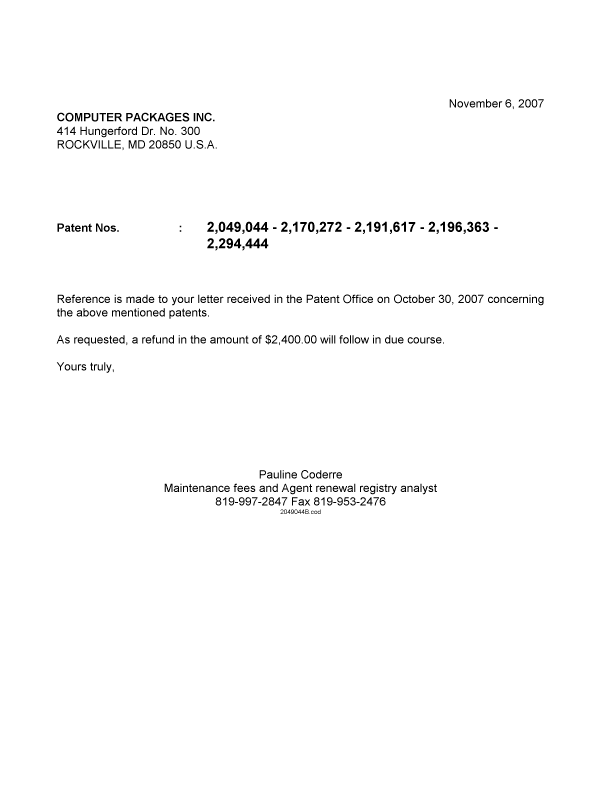 Canadian Patent Document 2049044. Correspondence 20071106. Image 1 of 1