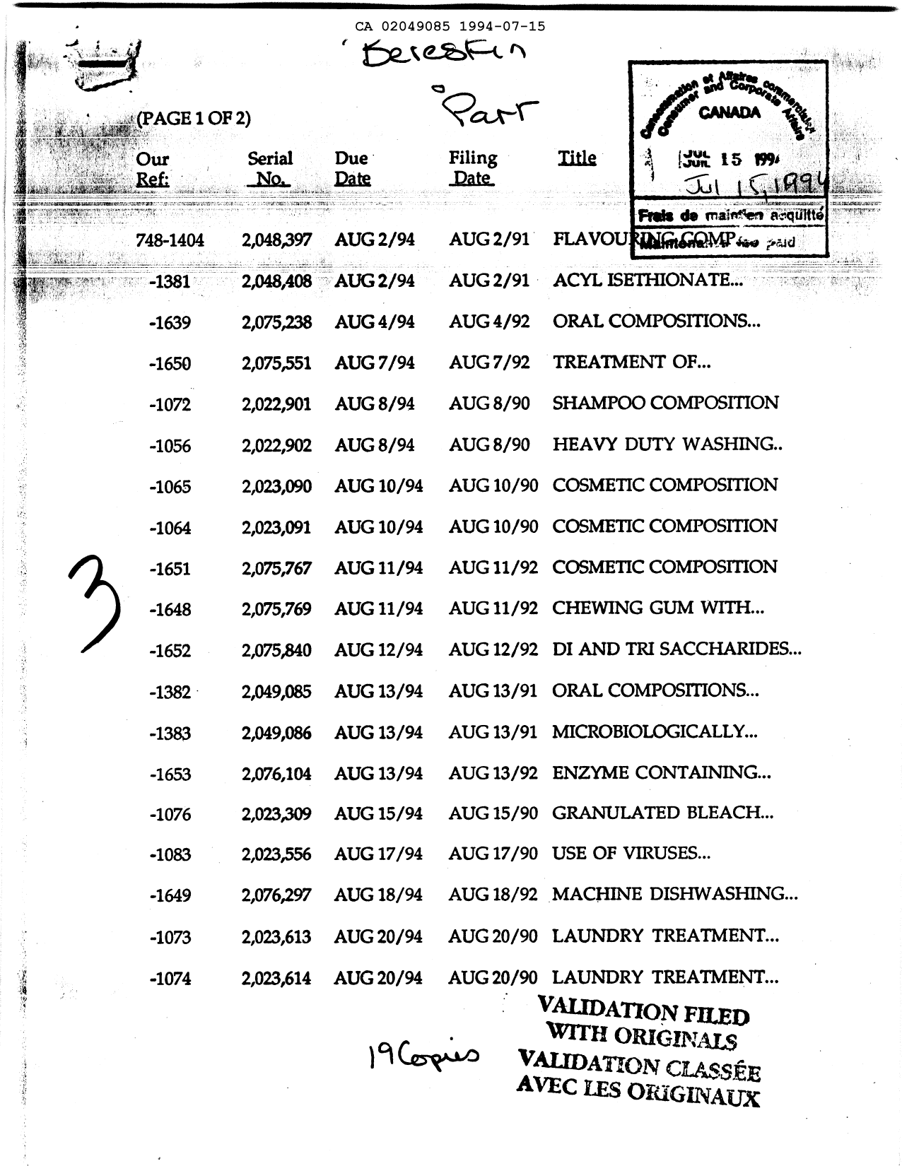 Document de brevet canadien 2049085. Taxes 19940715. Image 1 de 1