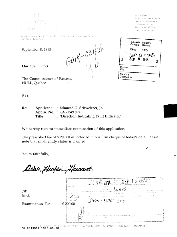 Document de brevet canadien 2049591. Correspondance de la poursuite 19950908. Image 1 de 1