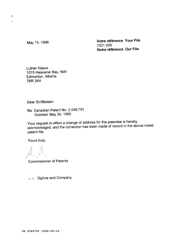 Document de brevet canadien 2049791. Lettre du bureau 19960515. Image 1 de 1