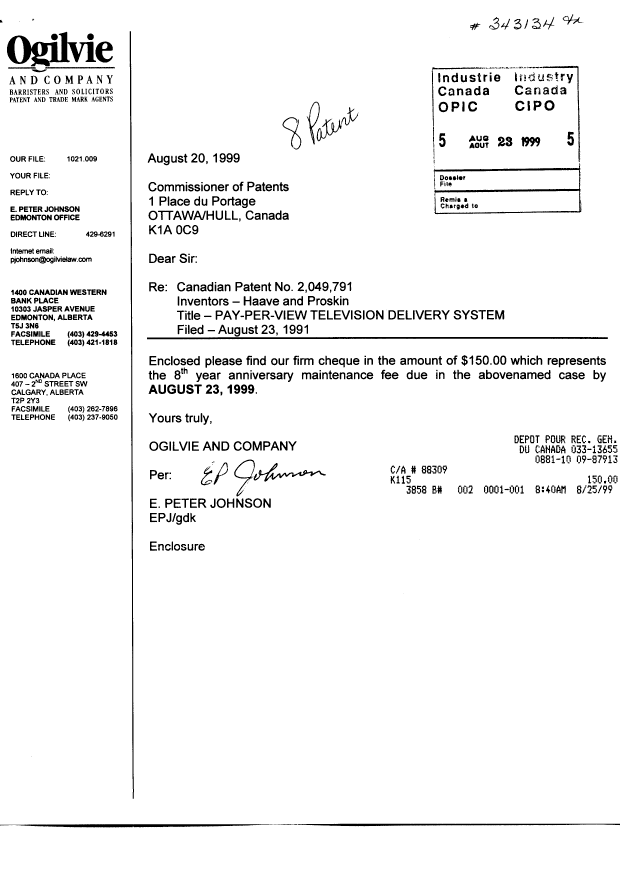 Canadian Patent Document 2049791. Fees 19990823. Image 1 of 1