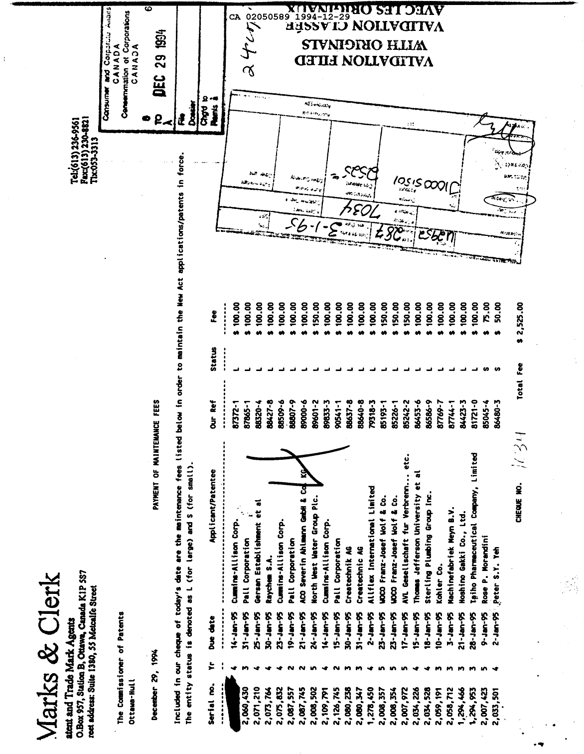 Canadian Patent Document 2050589. Fees 19941229. Image 1 of 1