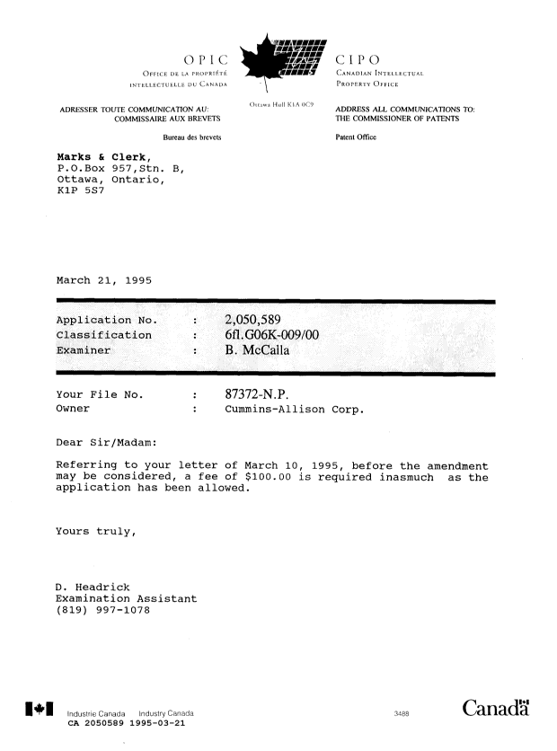 Document de brevet canadien 2050589. Lettre du bureau 19950321. Image 1 de 1
