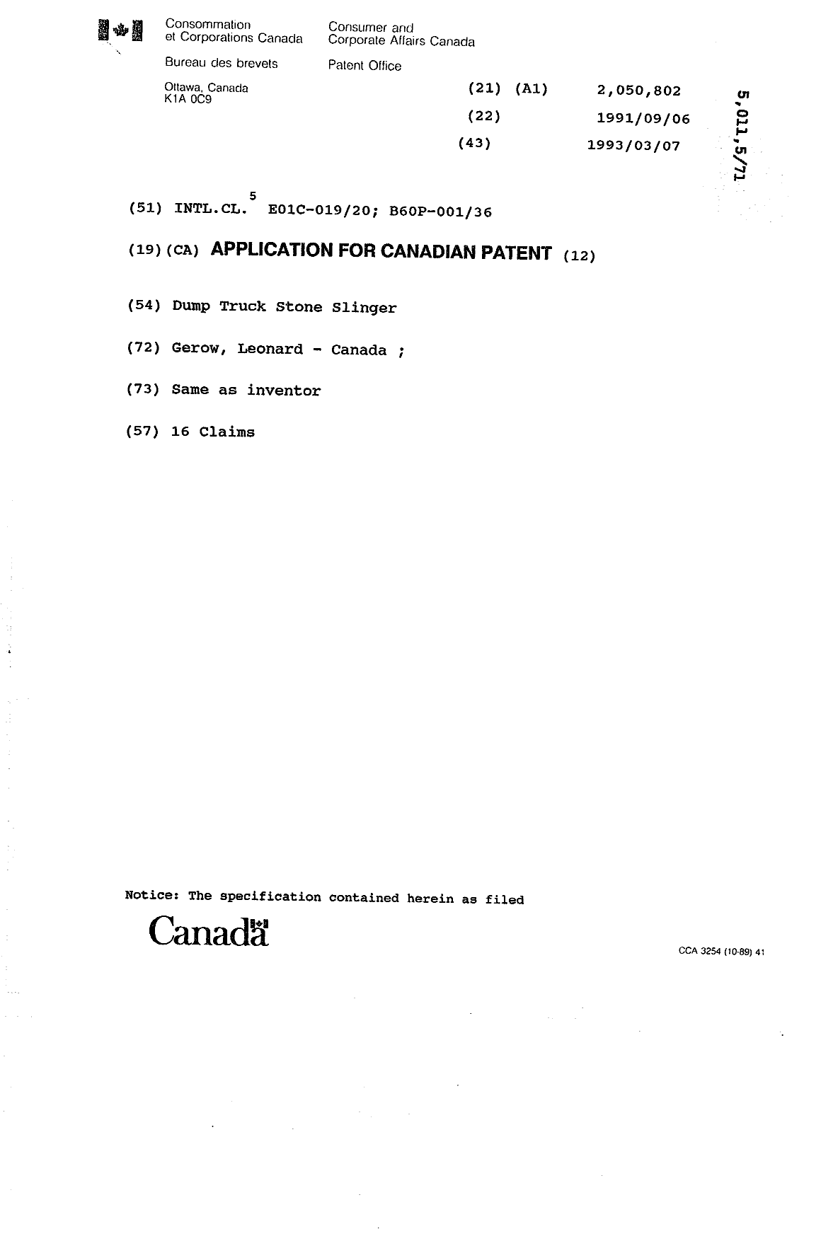 Canadian Patent Document 2050802. Cover Page 19930307. Image 1 of 1