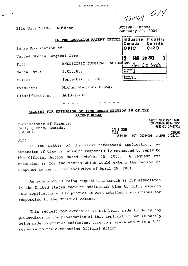 Document de brevet canadien 2050868. Correspondance 20010223. Image 1 de 2