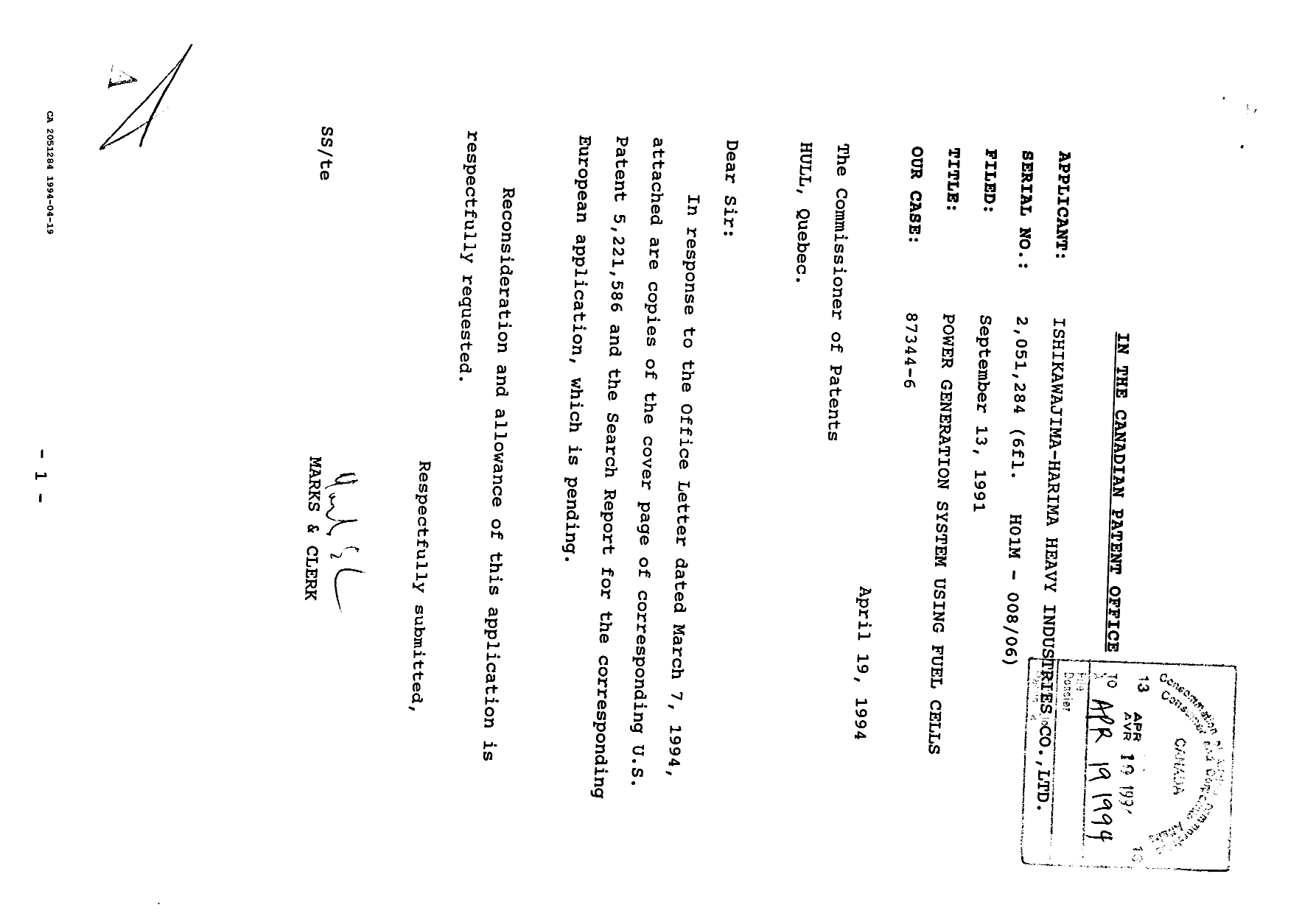 Canadian Patent Document 2051284. Prosecution-Amendment 19931219. Image 1 of 4